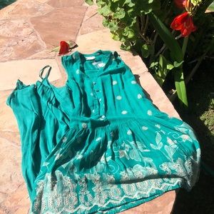 Anthropology linen cotton embroidered medium pockets green sleeveless dress